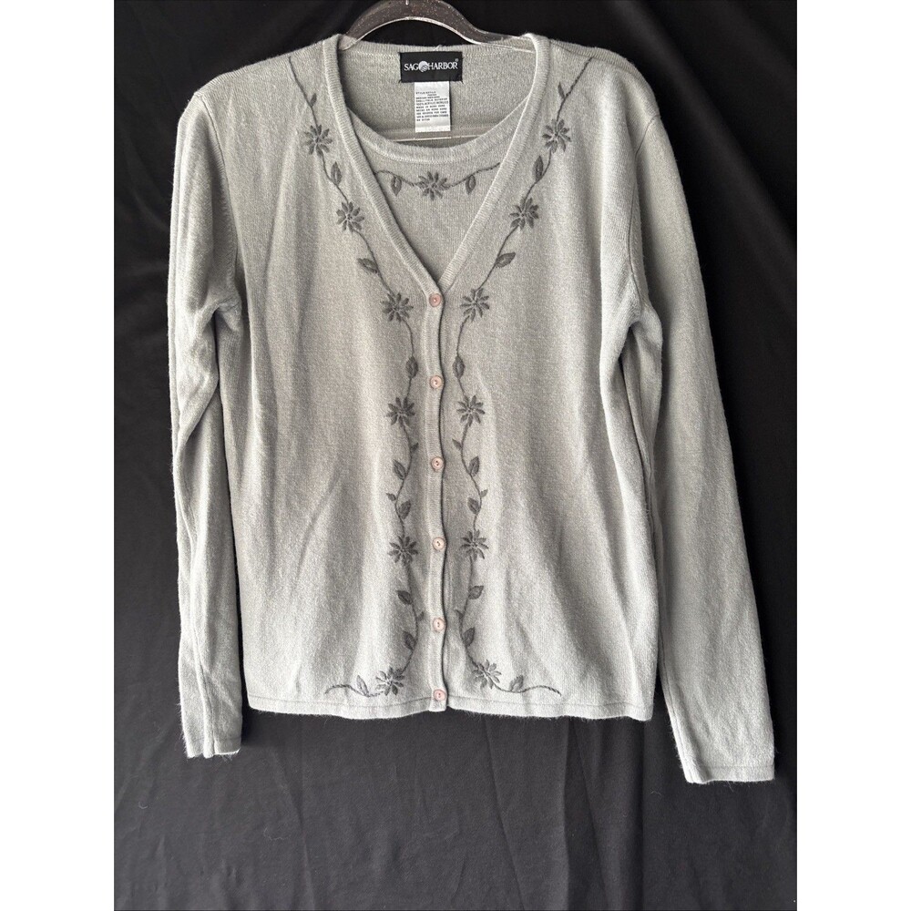 Vintage Sag Harbor Womens M Gray Button Up Floral Cardigan Built In Under Shirt